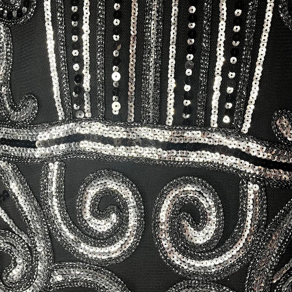 Black & silver beaded midi dress with fringe hem SIZE M - Picture 8 of 8